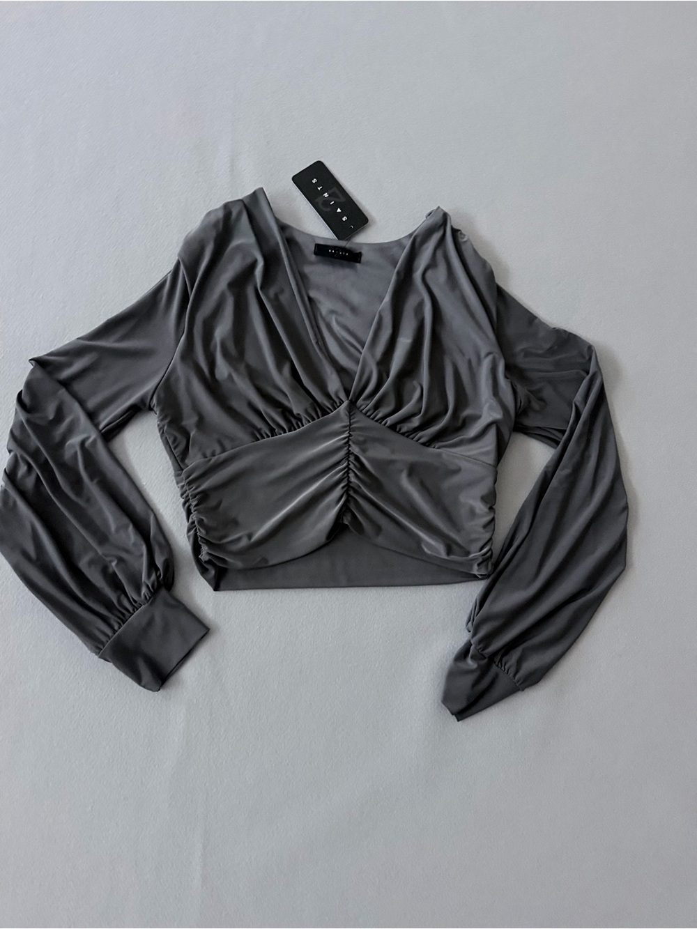 Ruched V-Neck Long Sleeve Crop Top in Charcoal Gray
